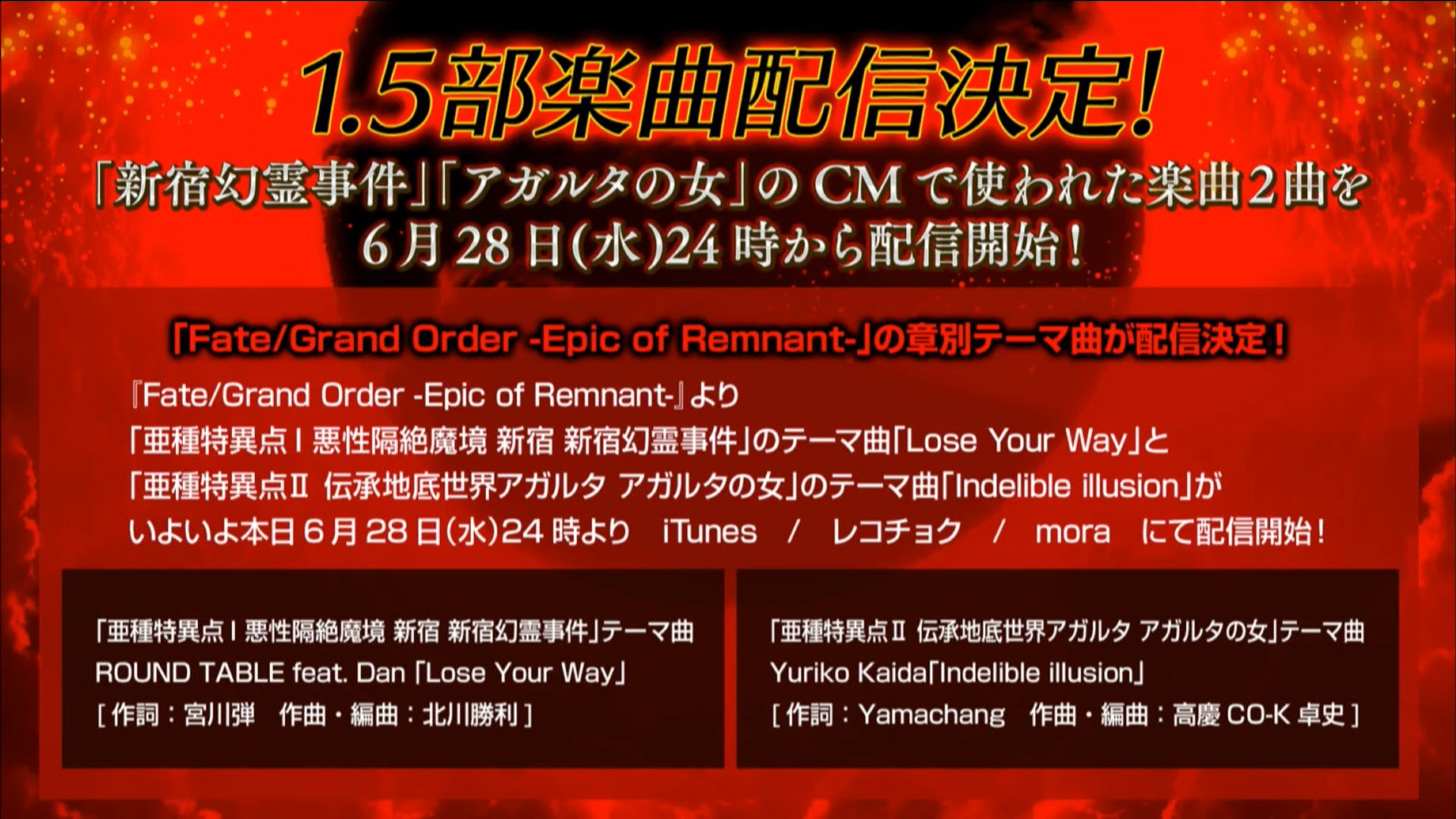 Fgo1 5部のテーマ曲より 新宿幻霊事件 Round Table Feat Dan Lose Your Way アガルタの女 Yuriko Kaida Indelible Illusion が配信開始 でもにっしょん